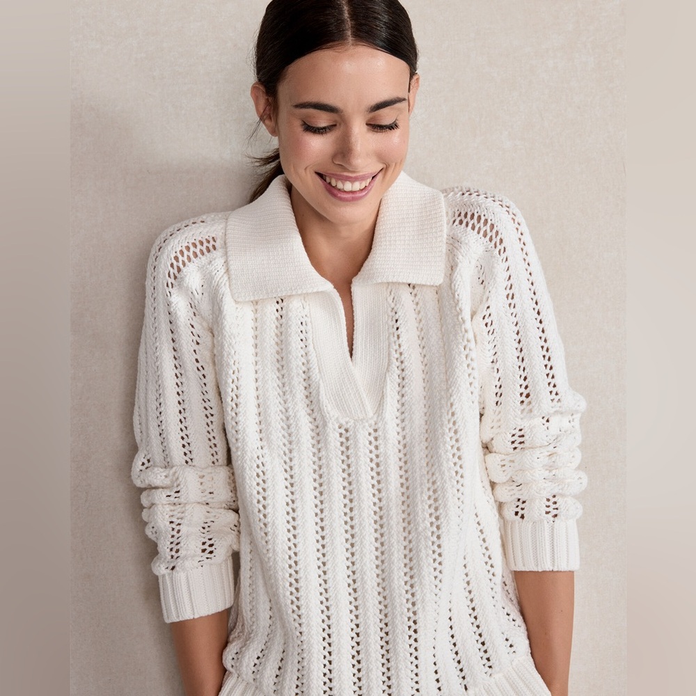Haven Well Within Open Stitch Cream Soft White Johnny Collar Sweater Size XL